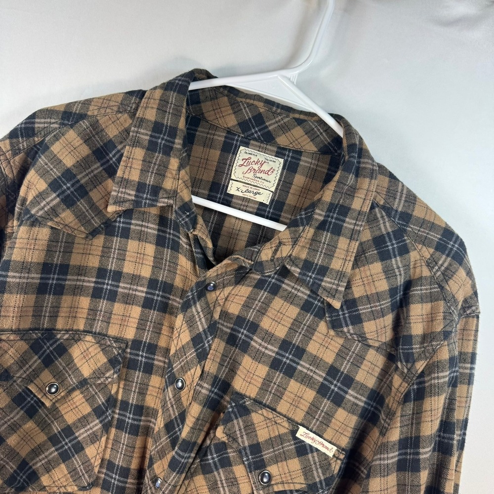 Lucky Brand Mens XL Brown Black Plaid Western Pearl Snap Flannel Shirt 7M40160